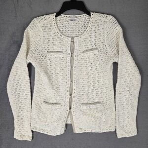 Pendleton‎ Cardigan Womens Petite Linen Blend Crochet Knit Long Sleeve White